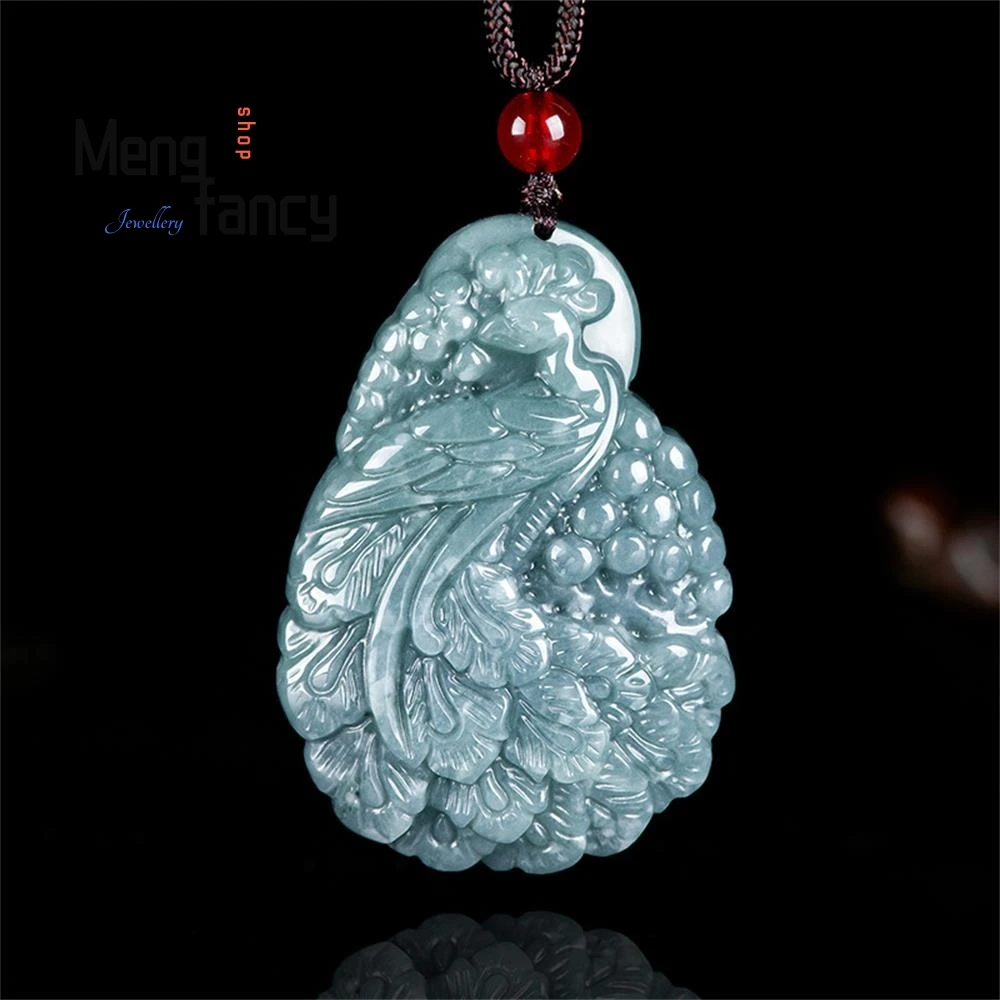 

Exquisite Natural A-goods Jadeite Blue Water Peacock Auspicious Peace Ice Jade Pendant Exquisite Mascots Luxury Quality Jewelry