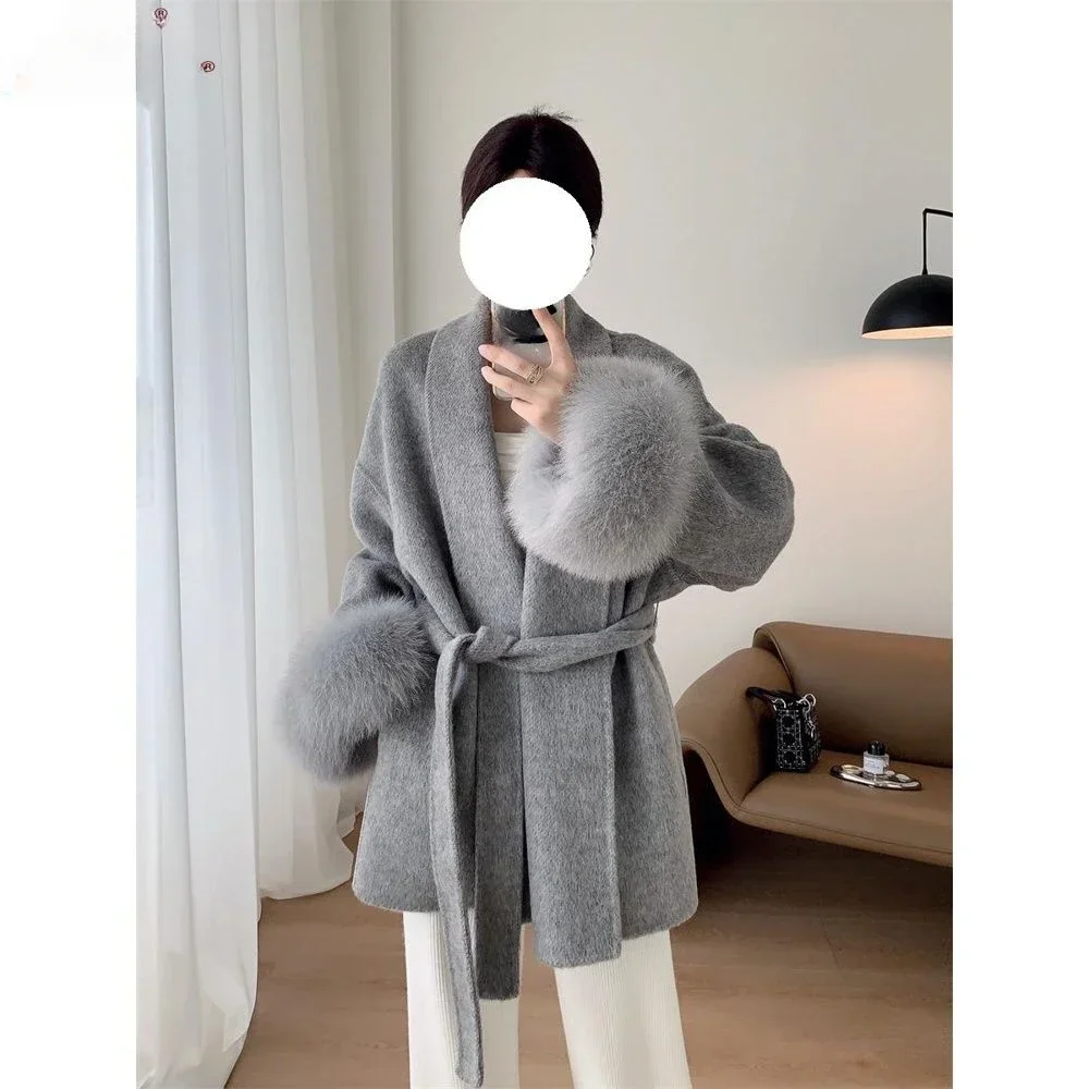 2024 Autumn and Winter New Korean Version of Solid Color Fashion Strap Waist Woolen Loose Cloak Coat Casual Fashion Tweed Y218