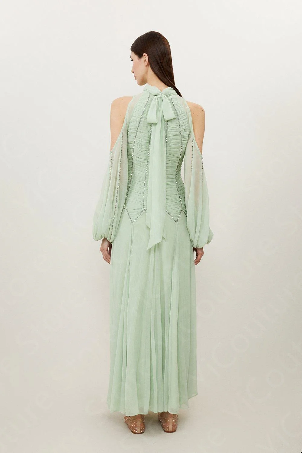 Customized Charming Mint Evening Dresses 2025 Arabic Prom Gowns Off Shoulder Sleeves Wedding Party Dresses High Collar Beading image 5