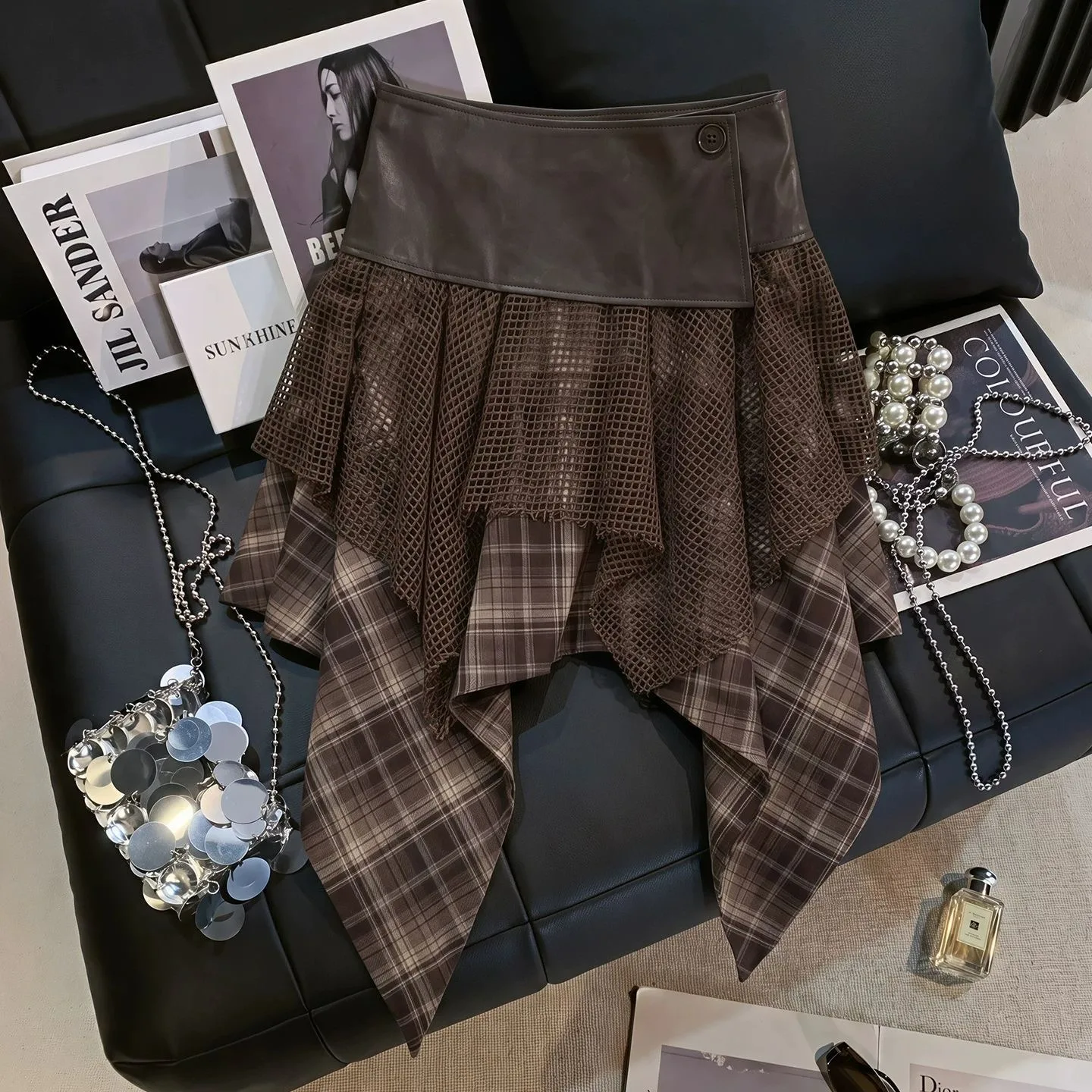 American Retro Asymmetric Splicing High Waist Design Sensation Early Autumn Plaid Anti-Light Short Skirt Cake Skirt Standard