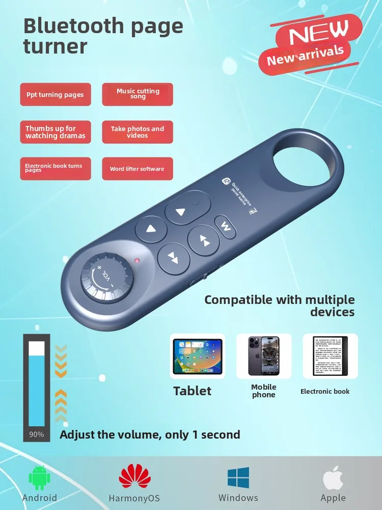 

New Bluetooth remote for phones/tablets/iPads: control music, videos, photos, e-books, PPT; compact & universal.