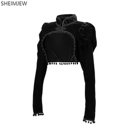 Medieval Steampunk Jacket Black Tassel Stand Collar Short Top Women Gothic Coat Navel-exposed Long Sleeve Retro Slim Fit Coats