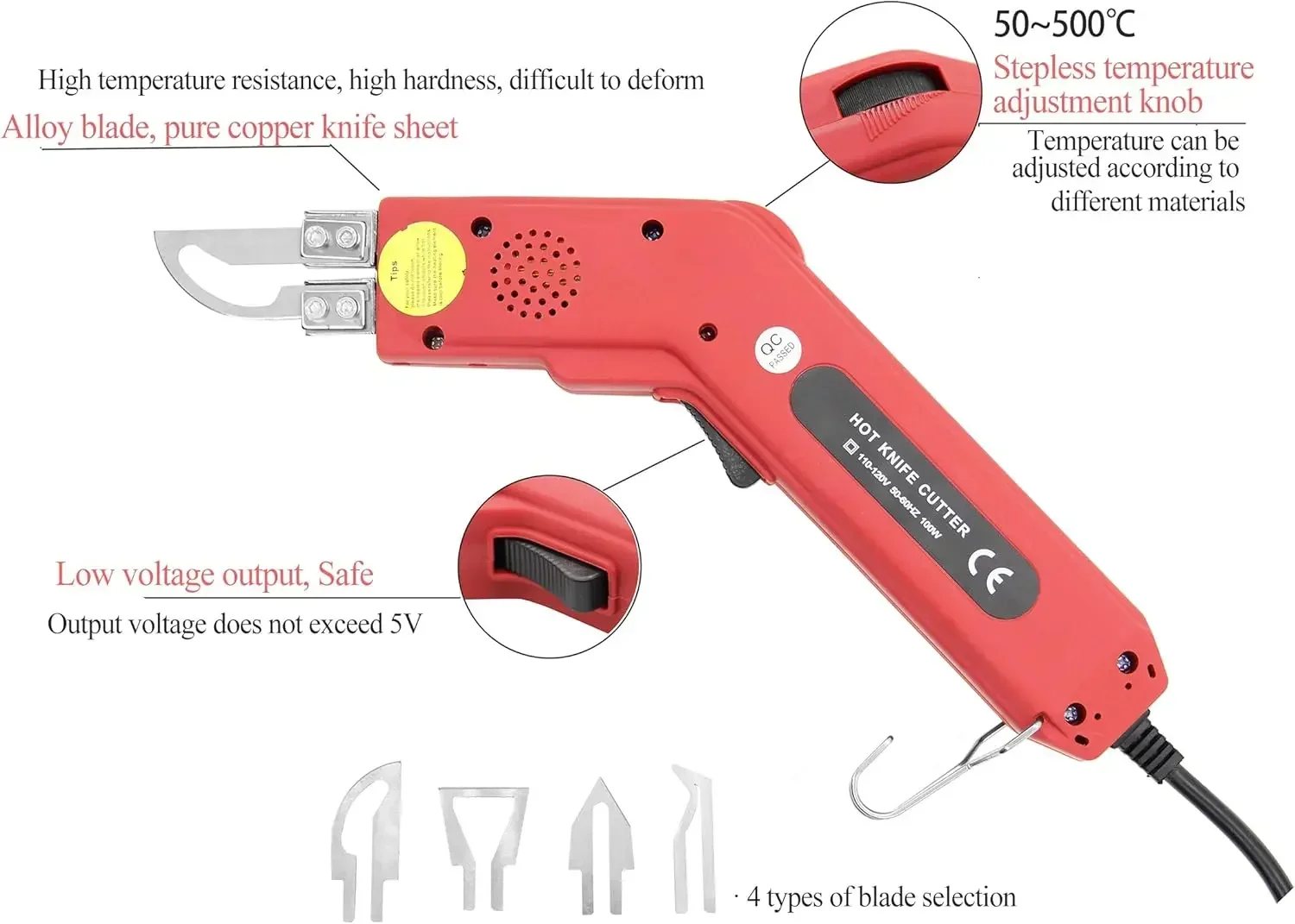 Cuchillo caliente eléctrico del calor del cortador 100W 5 segundos que calienta 50-500 ° C para cortar tela/carca/cuerda/plástico/acrílico (110V, Arc Ty