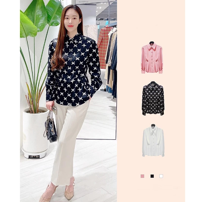 

Ele Design Long Sve irt Women's Ele Personali Turn-down Collar Waist-cinched Polyester Fiber Commute Sle