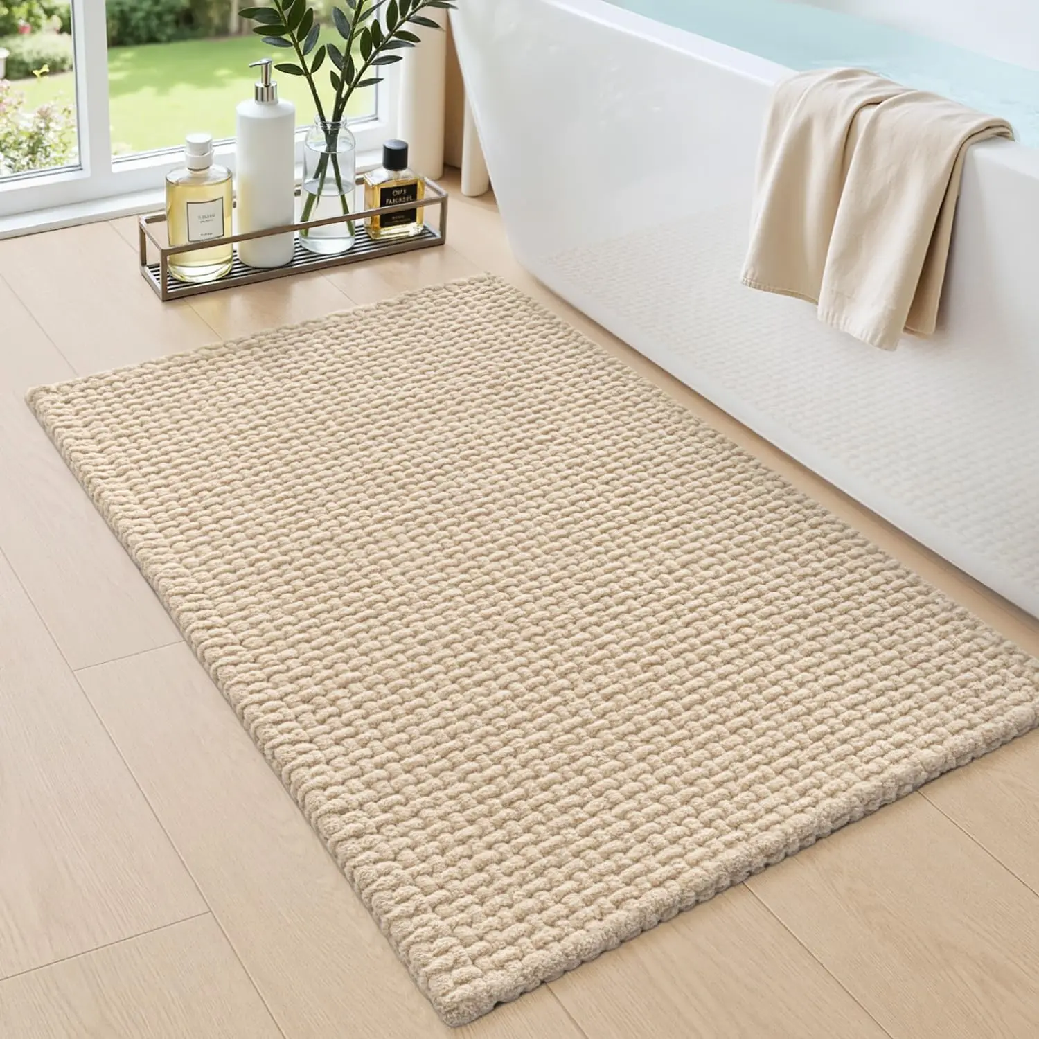 

20x32 Non-Slip Washable Bath Mat, Ultra Soft Absorbent Chenille Carpet for Tub Shower Floor in Beige