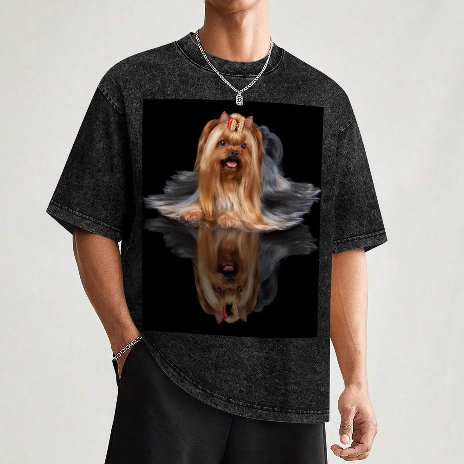 Beautiful Yorkshire Terrier with bow on black background T-Shirt Soft Touch Basic Cotton