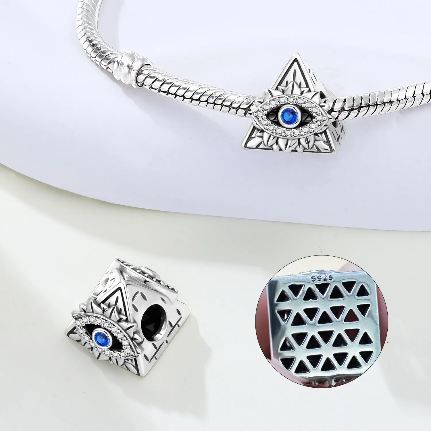 Pyramid All-Seeing Eye Lotus Charm Bead 925 Sterling Silver Symbol of Protection & Spiritual Awakening Fit Bracelet Jewelry Gift