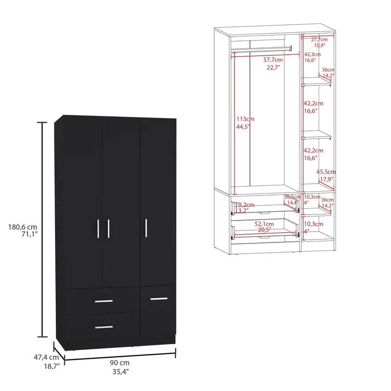 Armario de 71" de alto con 2 cajones, 4 puertas, 3 gabinetes, 6 estantes y barra colgante para almacenamiento de ropa de dormitorio