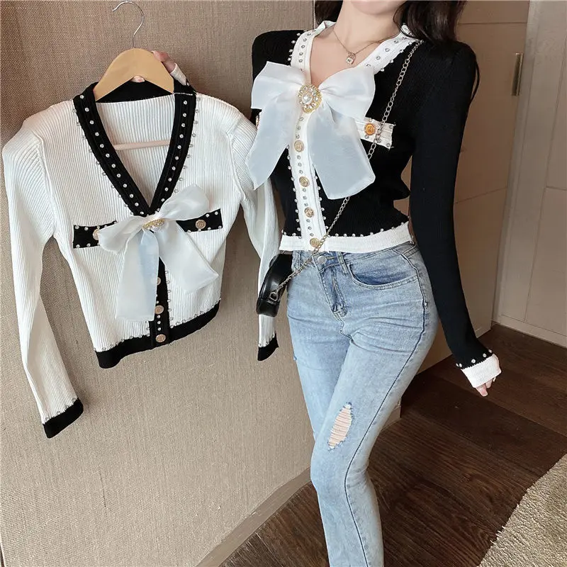 Woman Sweaters Cardigan Fall 2024 Rhinestone V-neck Big Bow Long-Sleeved Sweater Cardigan Top Women