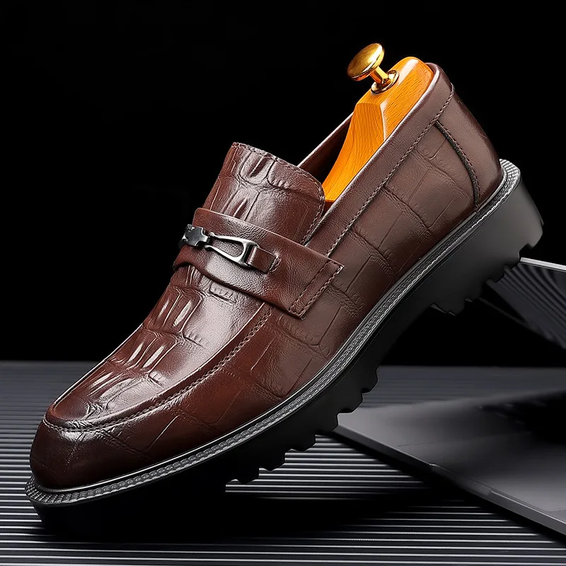 Spring Autumn Crocodile Print Platform Leather Men's Shoes Designer British Business Loafers Man Fashion Casual Dress Shoes Male