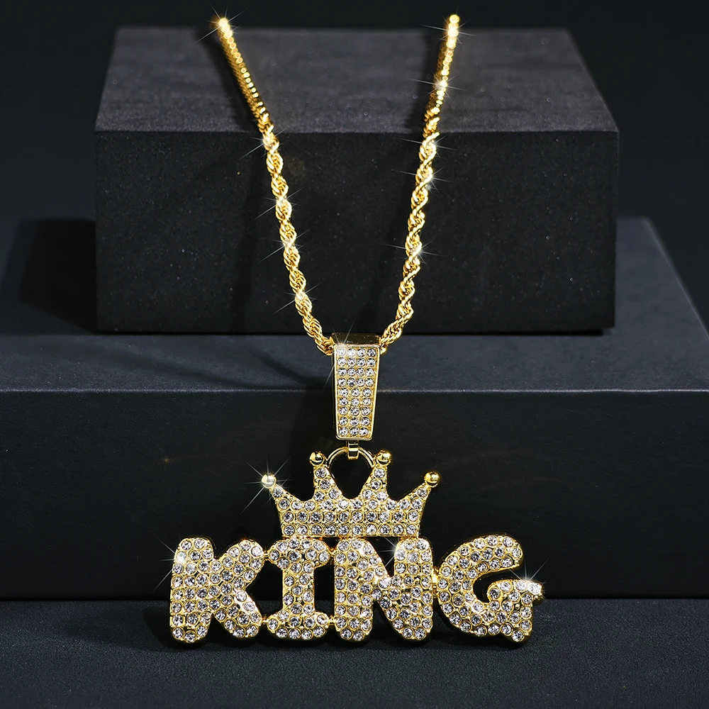 Fashion Hip Hop Crown with KING Pendant Necklace For Men Crystal Cuban Chain Iced Out Bling Hiphop Necklaces Rock Biker Jewelry