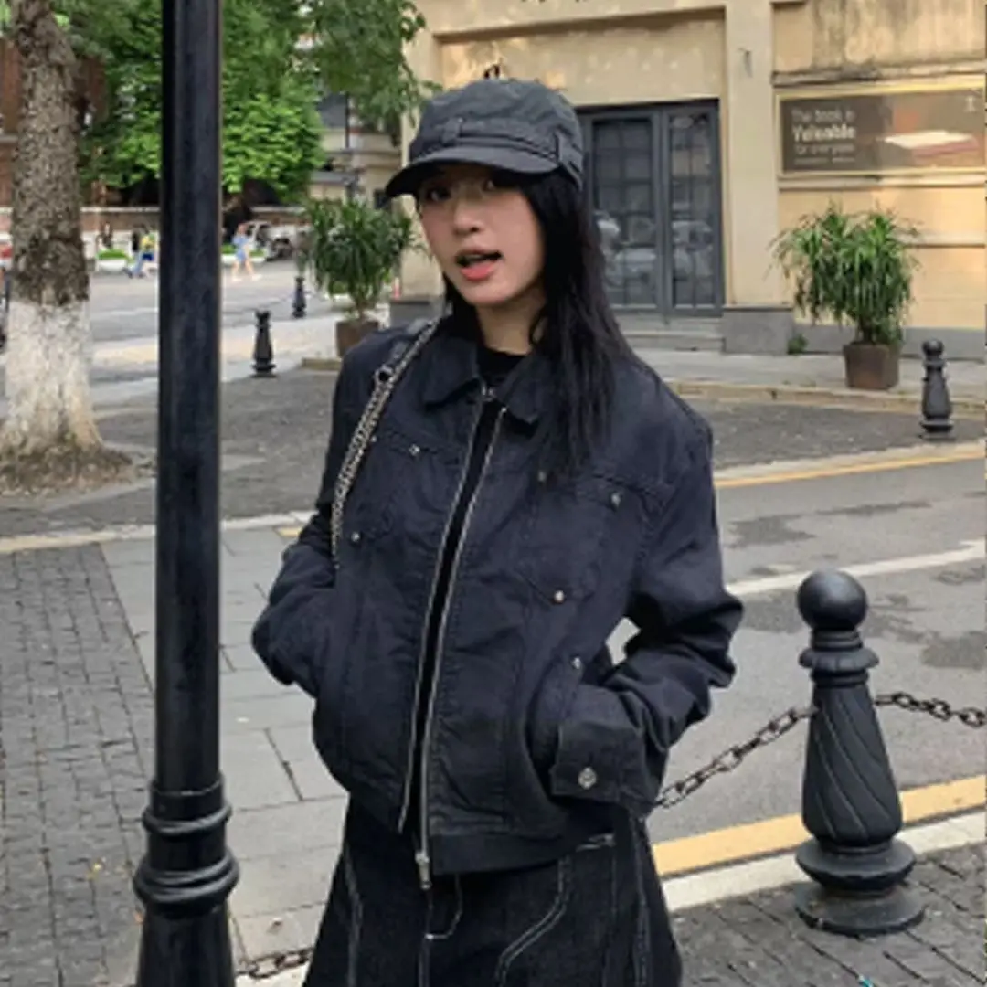 

Американская винтажная короткая куртка, женские толстовки на молнии с длинными рукавами, повседневная уличная куртка, тонкая повседневная корейская верхняя одежда, осень