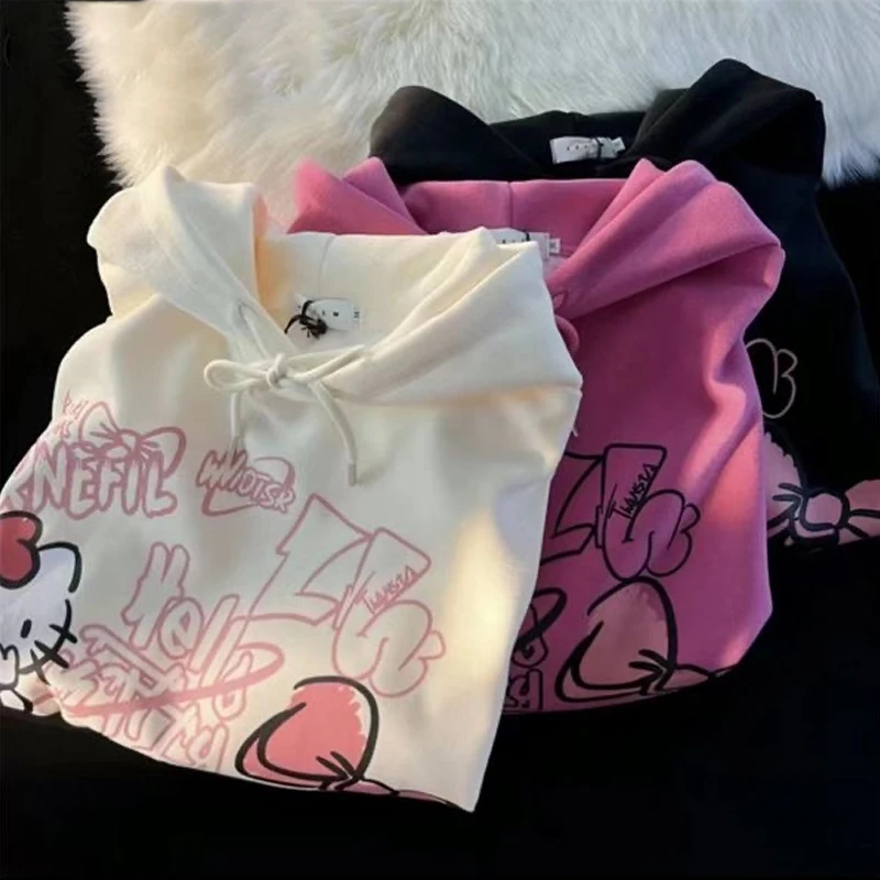 Winter Thickened Sanrios Hellokitty Hooded Sweatshirt for Girls Cartoon Couple Kawaii Plus Velvet Printed Warm Long-Sleeved Top