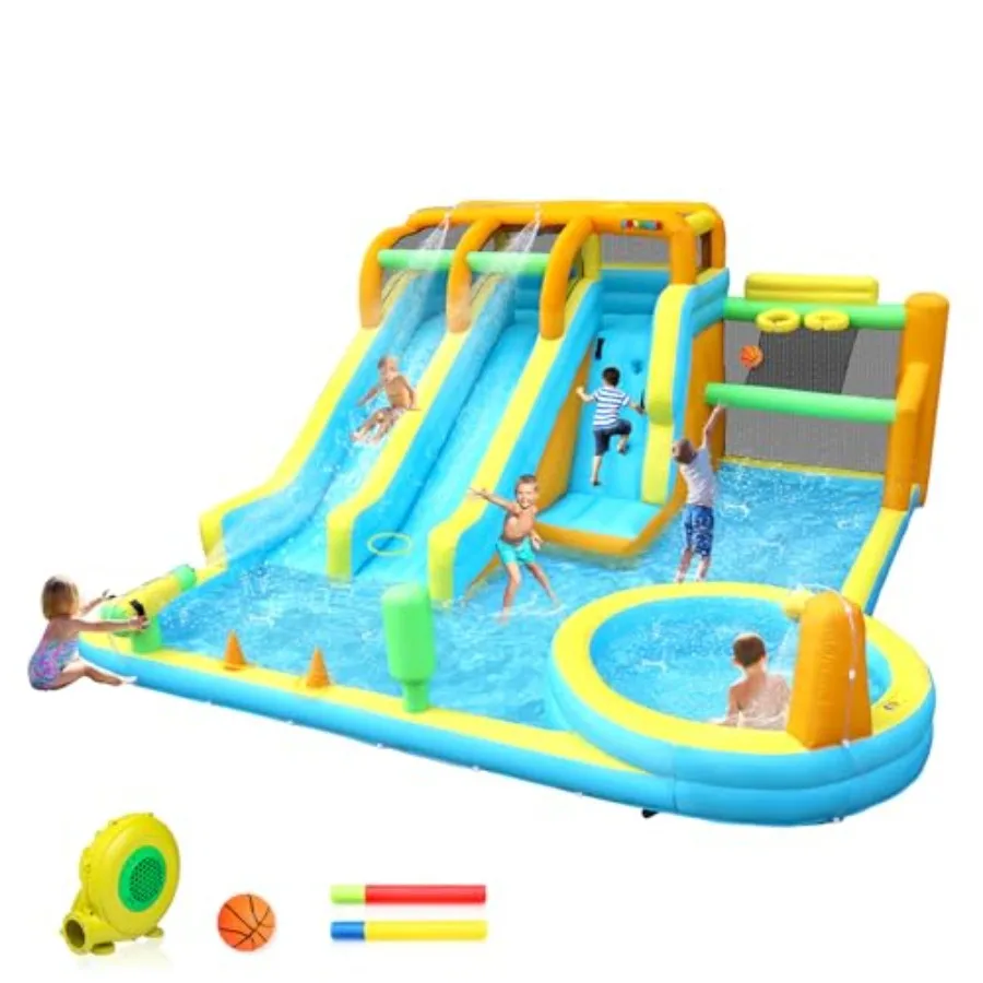 

Backyard inflatable water slide for kids: PVC, blue and yellow, 11-in-1 with dual slides, pool, climbing wall, basketball hoops