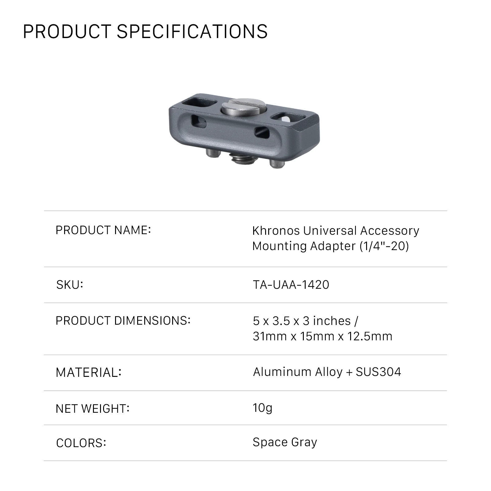 Tilta Khronos Universele Accessoire Montage Adapter 1/4-20 TA-UAA-1420