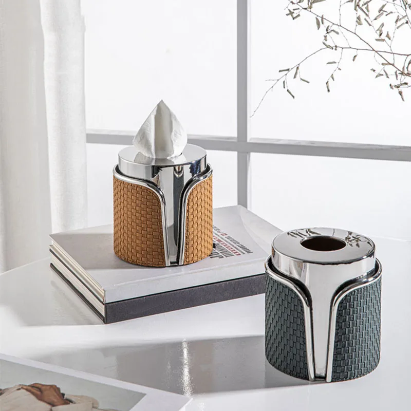 Modern Stainless Steel Leather Buyer Paper Box Home Ornaments Dining Coffee Table Decor Cylindrical Vertical Rolls Tissue Box