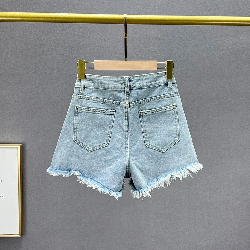 Women's Diamond Denim Shorts 2023 Summer New High Waist Slim Fit Slimming European Goods Embroidered Ripped A- line Hot Pants