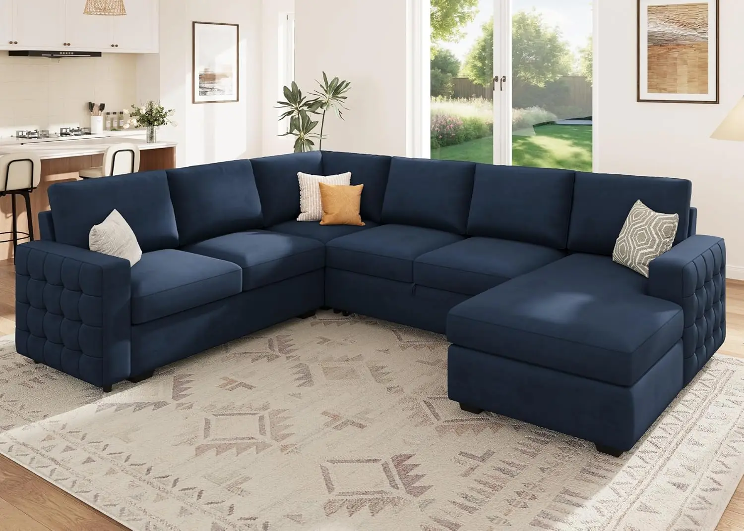 

Sleeper Sectional Couch with Pull-Out Bed, Storage Chaise, 6 Seaters, Velvet Blue