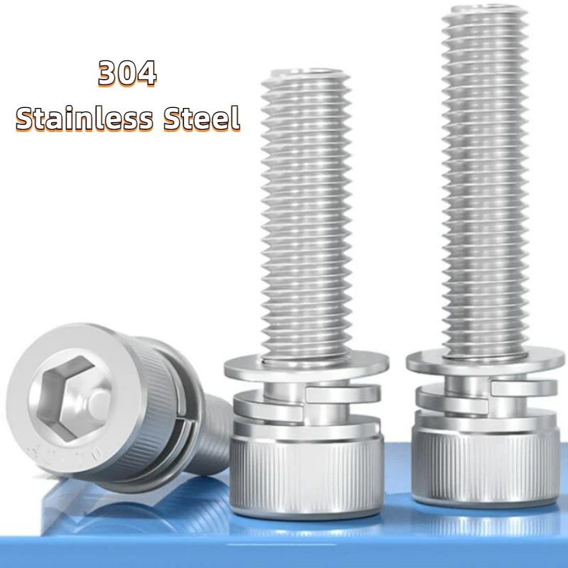 10-50pc M2 M2.5 M3 M4 M5 M6 M8 M10 M12 304 Stainless Steel Hex Socket Cap Head SEM Screw Flat Washer Spring Gasket Assemble Bolt