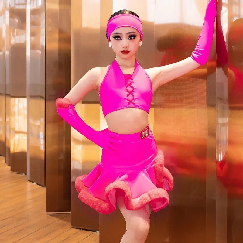 

Summer Rose Red Latin Dance Professional Costume Girls Chacha Latin Dance Competition Clothes Kids Dancing Training Suits