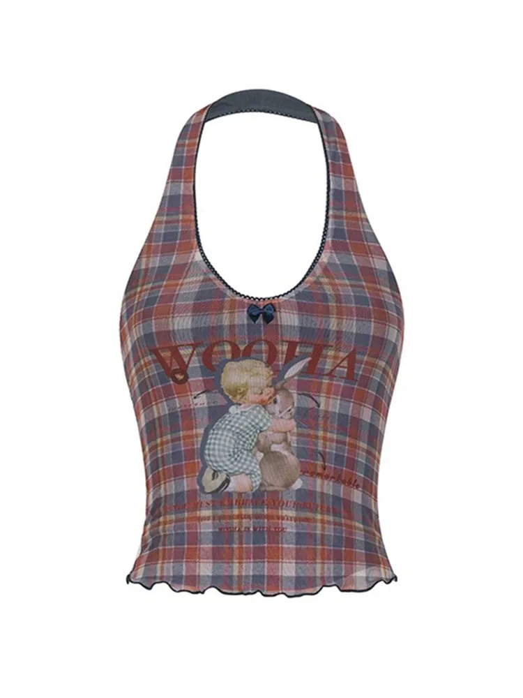 

American Retro Cartoon Print Vest Off Shoulder Sleeveless Women Vintage Sexy Plaid Tank Tops Y2K Chic Halter Top Spring Summer