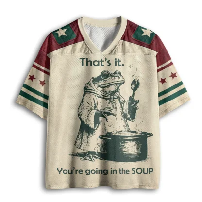 That's It You're Going In The Soup Frog Cooking Print Men V Neck Mesh Jersey Vintage Slogan Tee