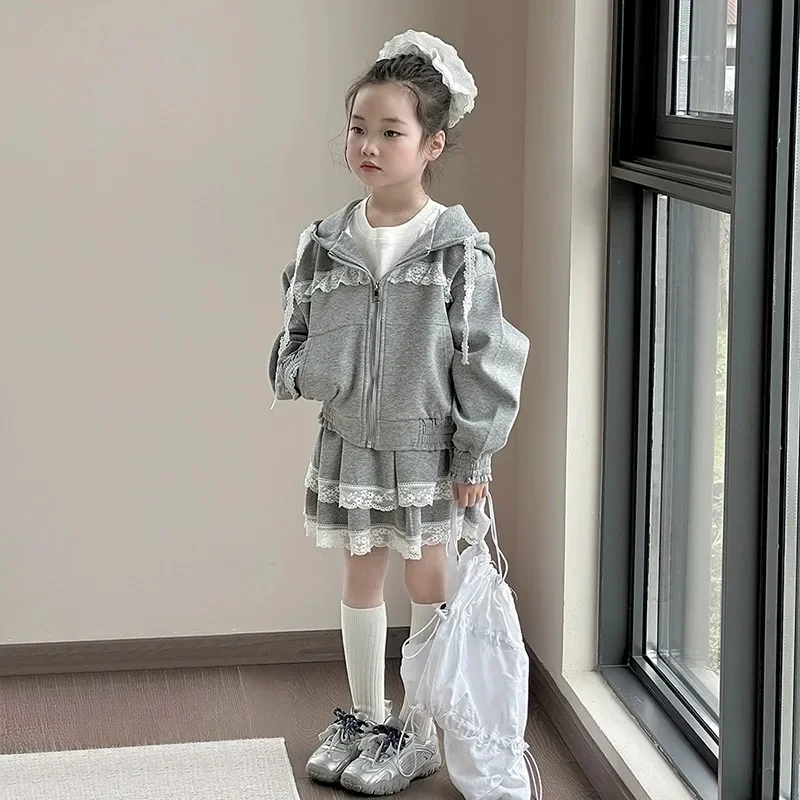 

Весенне-осенняя новая куртка с капюшоном + юбка, комплект из 2 предметов, детская одежда принцессы, кружевная детская одежда, костюм, комплекты с длинными рукавами для девочек