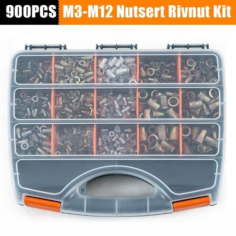 900Pcs Threaded Rivets Nut Set Flat Head Threaded Rivet Insert Nutsert Cap Rivet Nut Manual Riveter Box Tool Kit M3/4/5/6/8/10