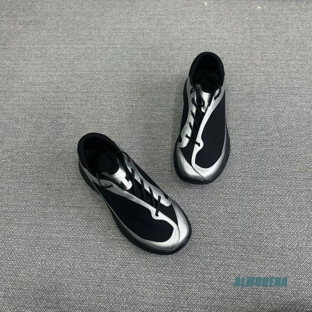 Retro Mesh Men Low-Top Two Tone Sneakers Black Silver Contrast Lace Up Thick Sole Shoes Outdoor Trendy Daily Casual Sports Shoes