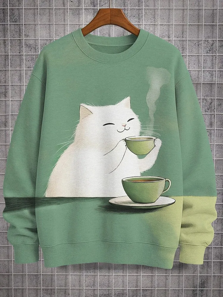 

Fashion Vintage Green Pullover Men's Cartoon Cat And Coffee Art Print Casual Sweatshirt Holiday Long Sleeve O-neck Tops Autumn