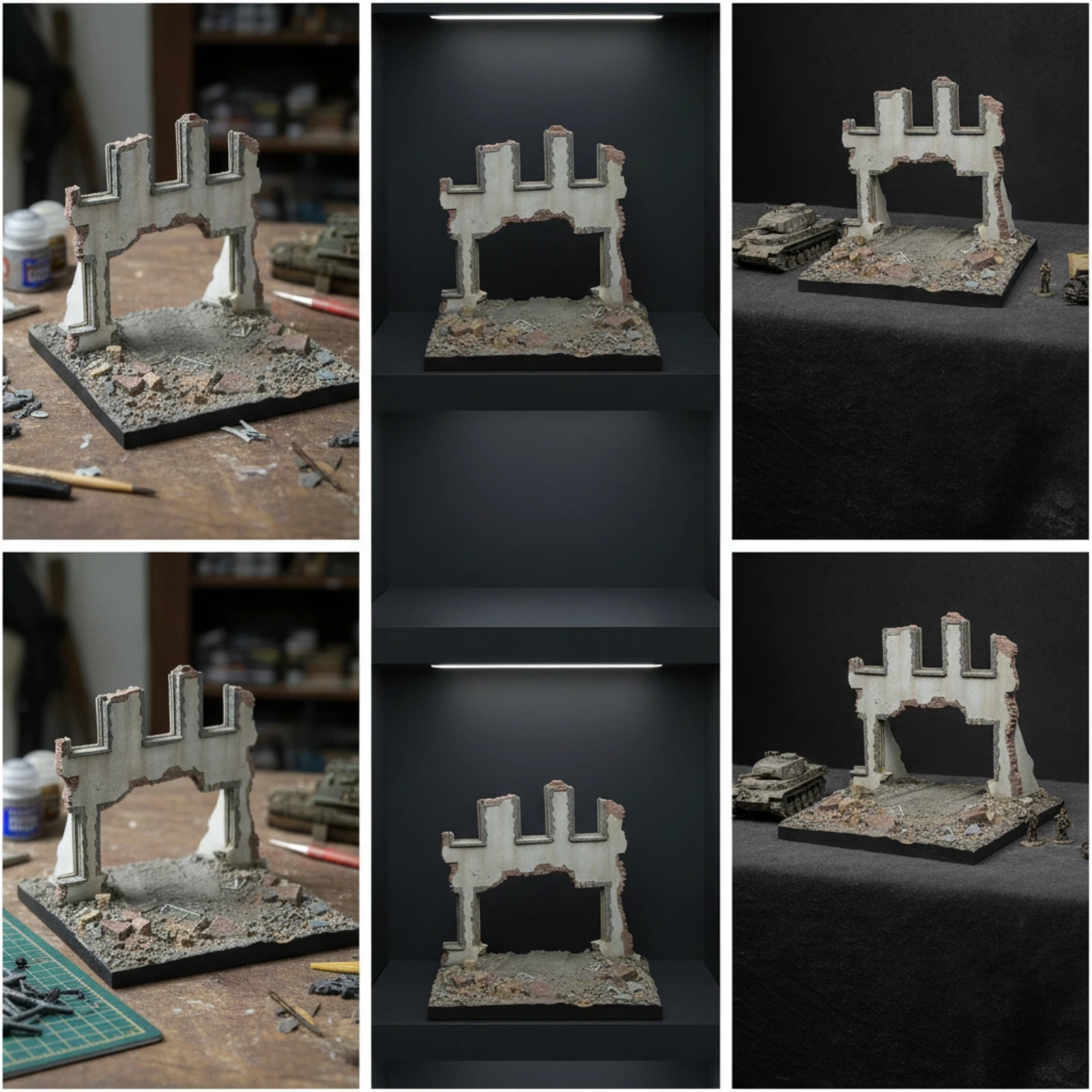 Miniature Display Base Textured Ruined Building Diorama Miniature Display Platform Gray Scenery Compact for Modelers