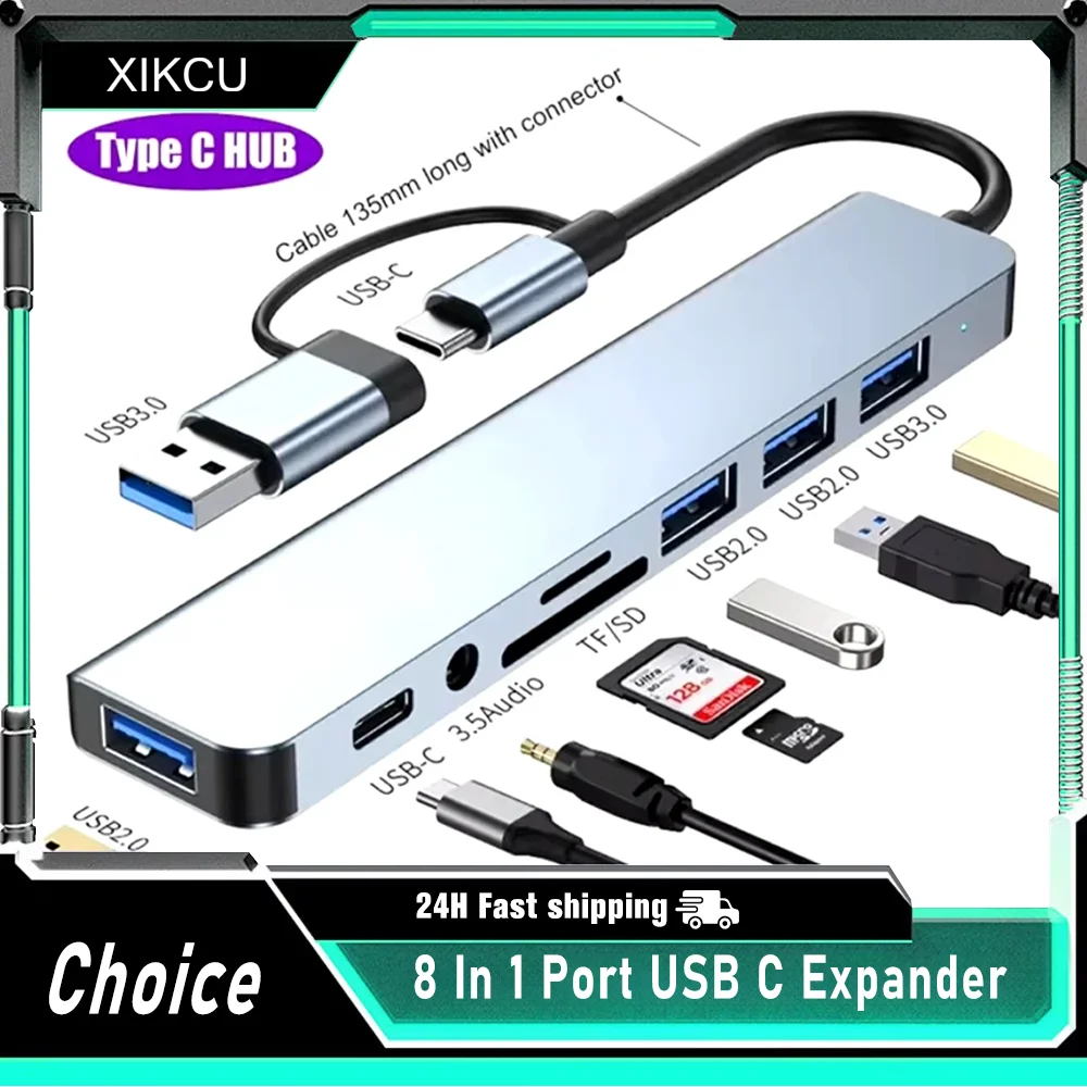 ترقية 8 في 1 منفذ USB C المتوسع USB 3 Hub Type-C الفاصل نوع C حوض متعدد المنافذ محول USB المتوسع لشاومي الهاتف اللوحي