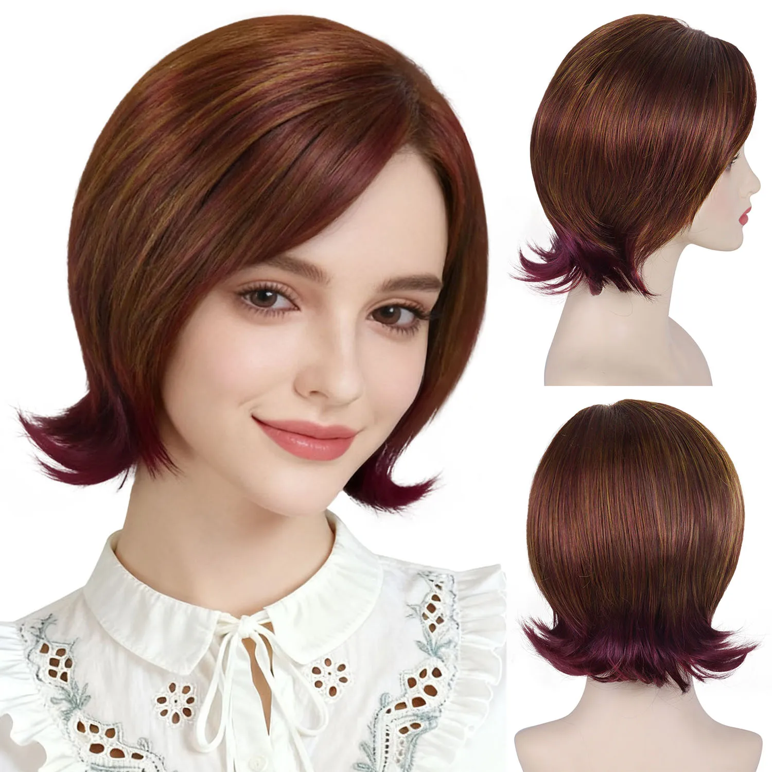 

Синтетические волосы, красные, коричневые, короткие вьющиеся парики с челкой для женщин, повседневный костюм на Хэллоуин, парик для мамы, термостойкий парик с эффектом омбре