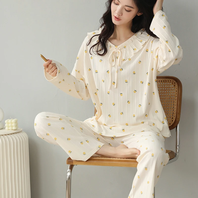 Conjuntos de pijama feminino elegante com decote em v estilo japonês estudantes primavera homewear casual simples floral cintura elástica manga longa popular