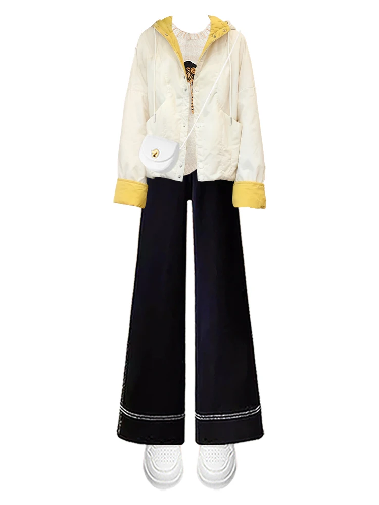 冬用大きいサイズレディースカレッジ風スレカラーブロフード付きコットンジャケットハイウエストジーンズツーピースセットアンチエイジング全身コーデ