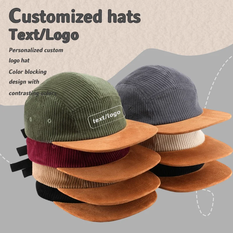 Custom Embroidered Logo Color-blocked Corduroy Five Panel Flat Brim Trucker Hat for Autumn and Winter Outdoor Warm Baseball Cap