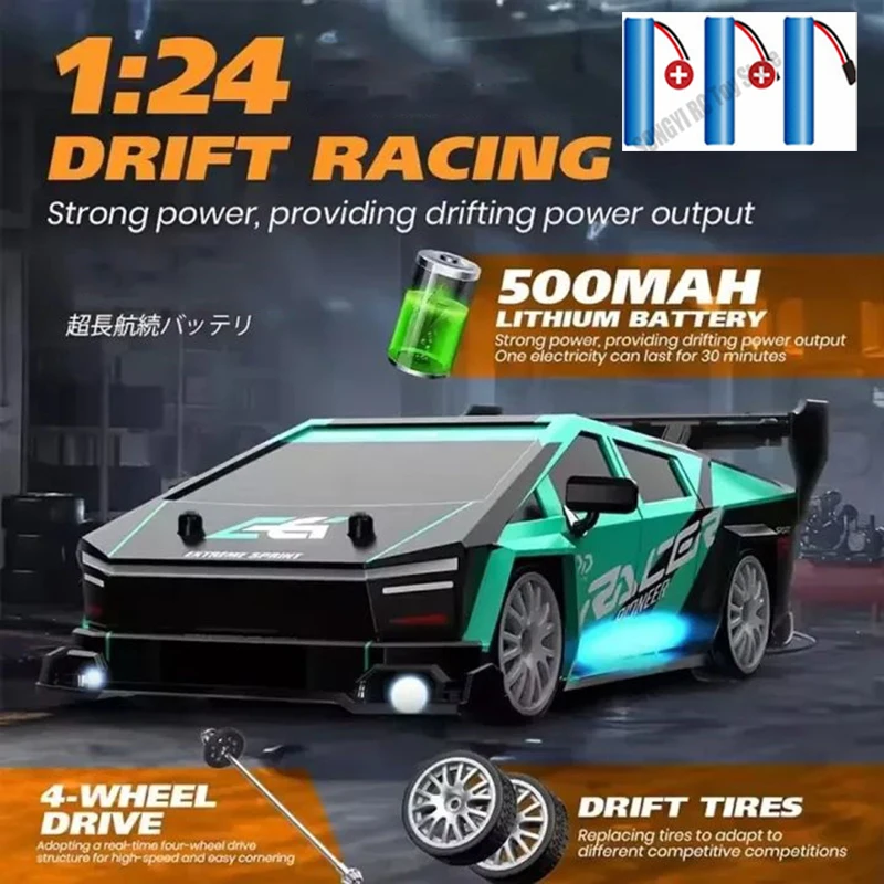 Remote Control Car RC Drift 2.4GHz 1:24 Scale 4WD 30KM/H High Speed Model Vehicle with LED Lights Drifting Tire Racing Sport Toy