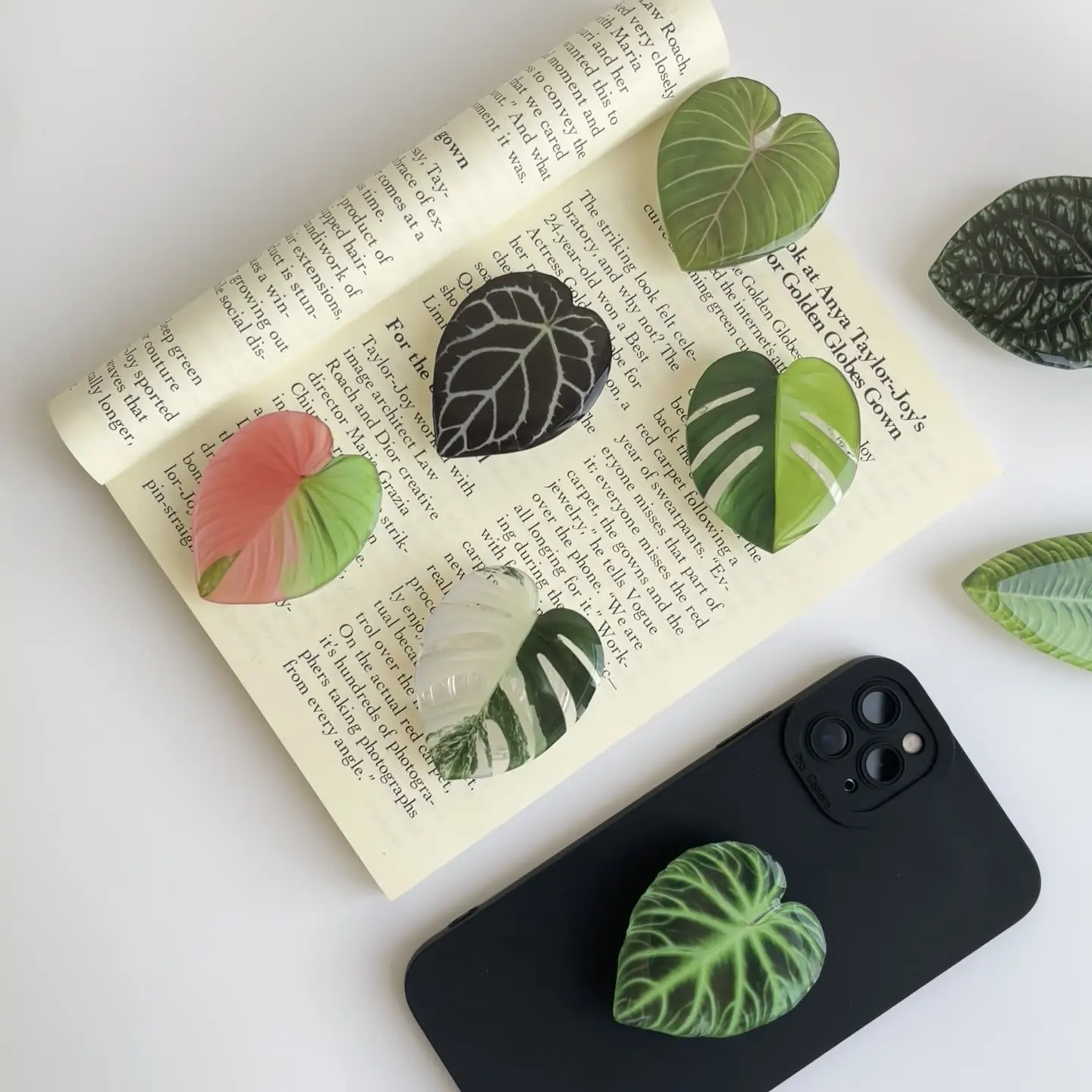 Monstera Leaf Epoxy Mobile Phone Holder Air Cushion Bracket Back Sticker Telescopic Bracket Desktop Ornaments Gifts