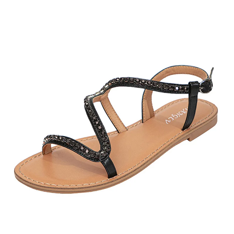 

2024 Summer Sandals Women New Thin Belt Fashion Diamond Belt Open Toed Flat Bottom Women's Roman Sandals