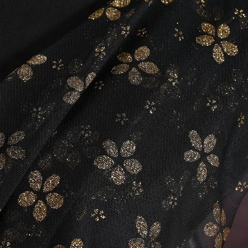 Black Gold Foil Floral Jacquard Mesh Fabric Soft Lightweight Ventilate for Dress Stage Costume Hanfu DIY Sewing Accessories