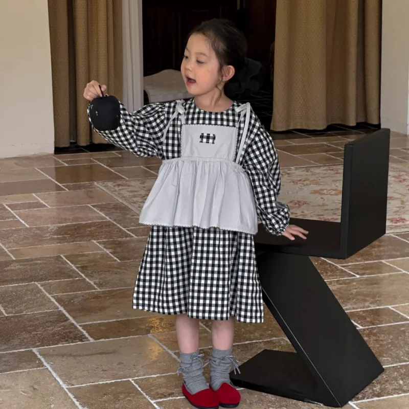 

Autumn2025New Loose Forest Style Retro Girl Baby Plaid Children's Dress Two-Piece Princess Dress