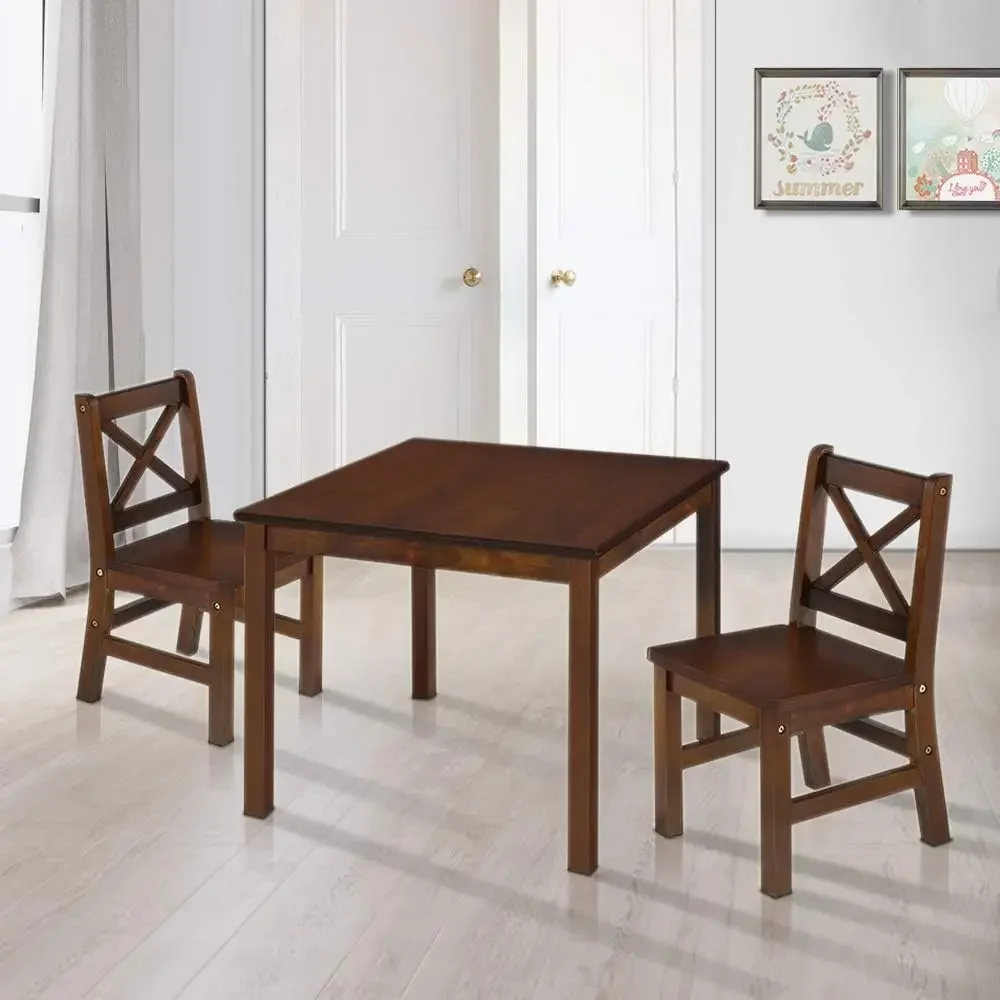 Solid Hard Wood Kids Table and Chair Set (2 Chairs Included), Coffee, 3 Piece Set