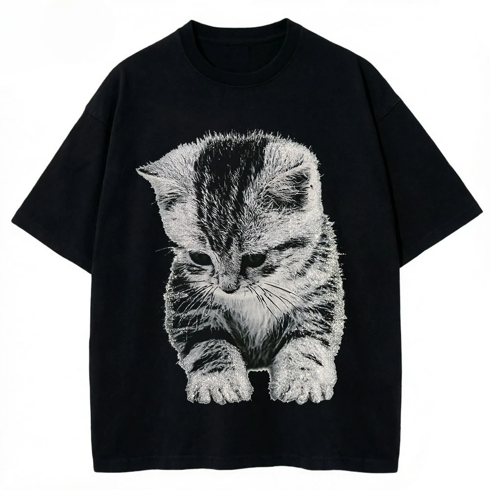 El Gato Sad Kitten Funny Meme Sad Crying Munchkin Cat Trendy T-shirt for Men Women Cotton T Shirts Short Sleeve Tops Casual Top