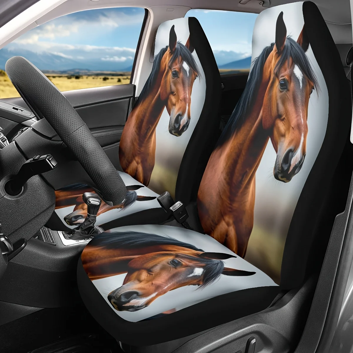 2pcs Car Seat Covers Front Seats - Chestnut Brown Horse Portrait Print, Easy Installation & Washable Non-Padded Cushion Protecto