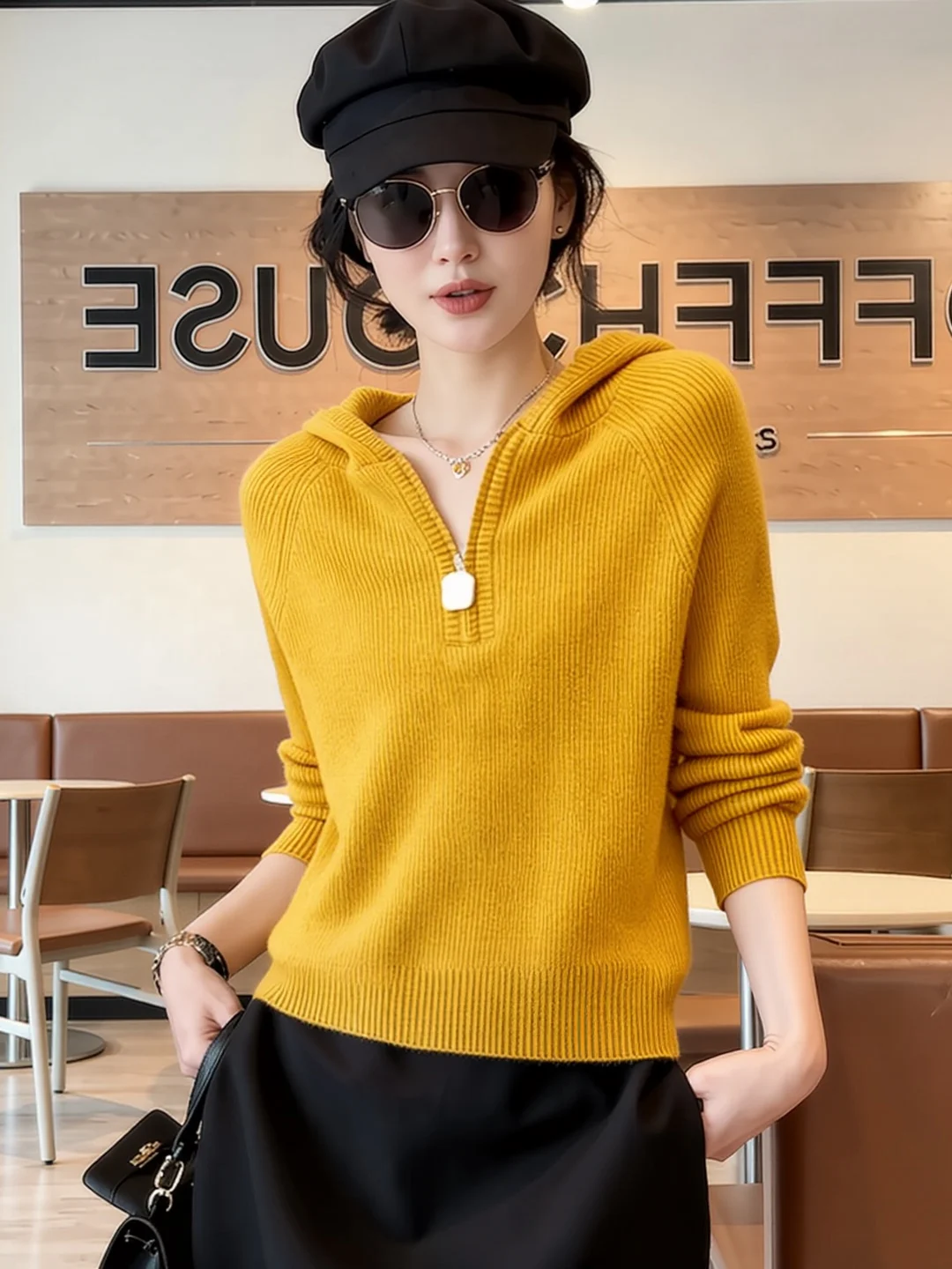 

Зима 2025: Женский желтый вязаный свитер с капюшоном на молнии, повседневный, универсальный, с длинным рукавом, премиум-класса, модный, для города