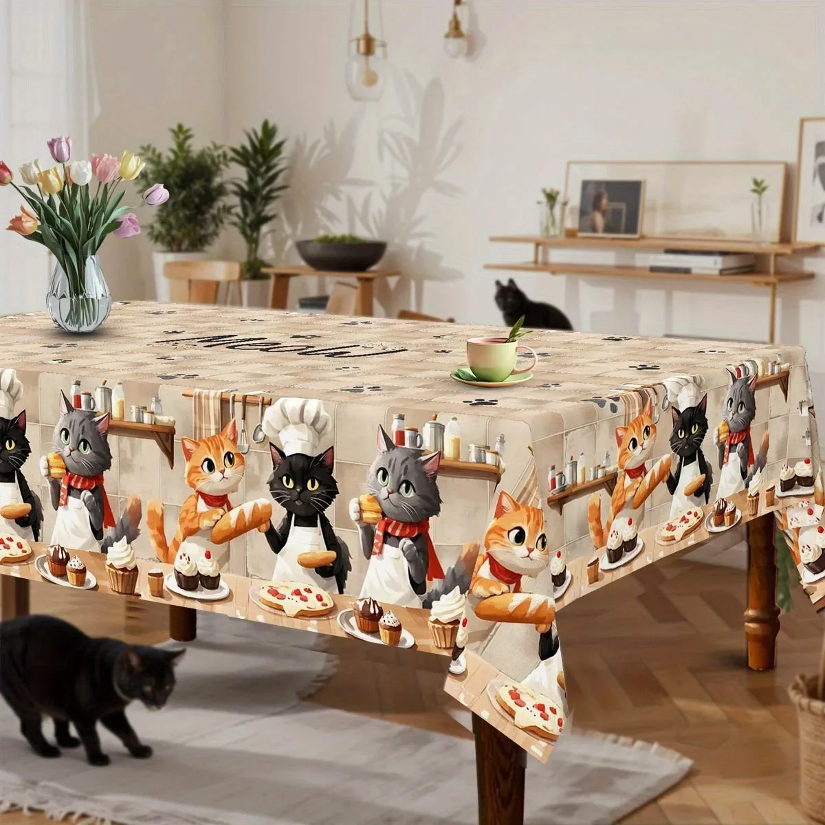 One tablecloth featuring the design of a cute chef cat baking. Made of easy-to-clean, beautiful and durable polyester fabric.