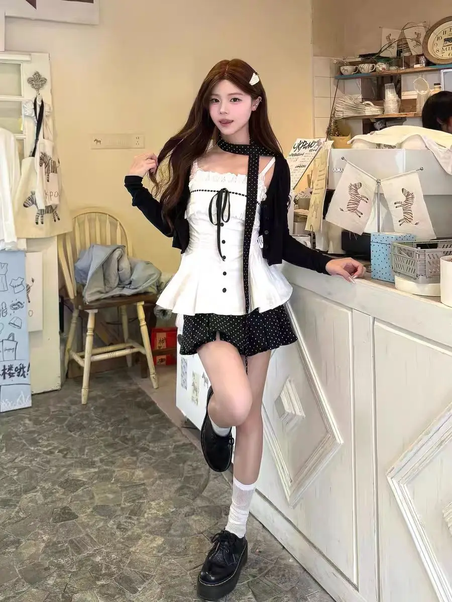 Sweet Lace Bow 2 Piece Set Women Spaghetti Strap Crop Top + High Waist Polka Dot Mini Skirt Slim Fit Party Korean Style Outfit - view 5