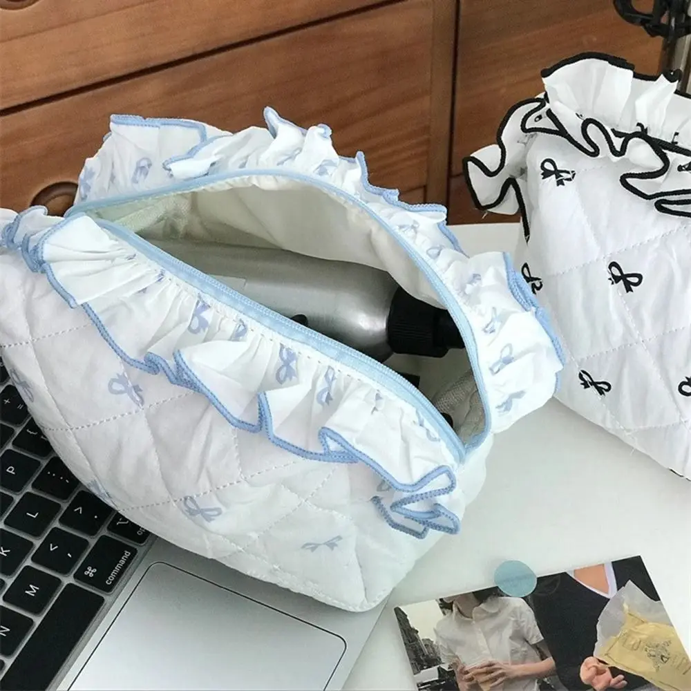 Creative Bow Print Large Capacity Pen Case Flounce INS Stationery Storage Bag Cartoon Detachable Makeup Lipstick Bag Students