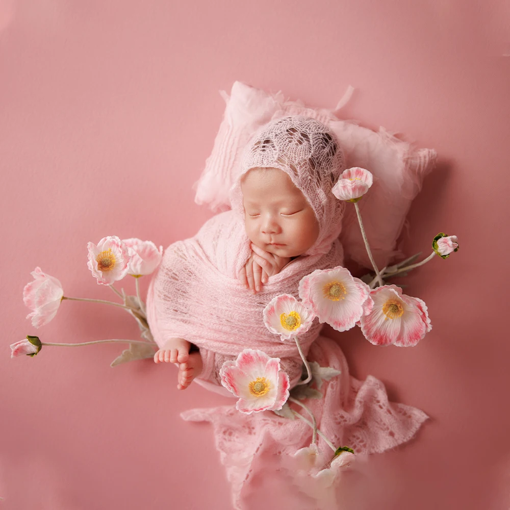 

Pink Theme Newborn Full Moon Photography Props Soft Knit Wrapping Hat Lace Pillow Posing Accessories Photo Studio Shooting Props