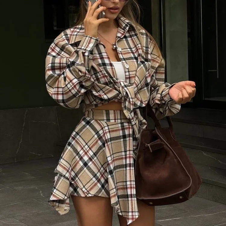 

Fashion Loose Plaid 2 Piece Sets Women Outfit Elegant Long Sleeve Shirt With High Waist Pleated Mini Skirt Set Female Outfits